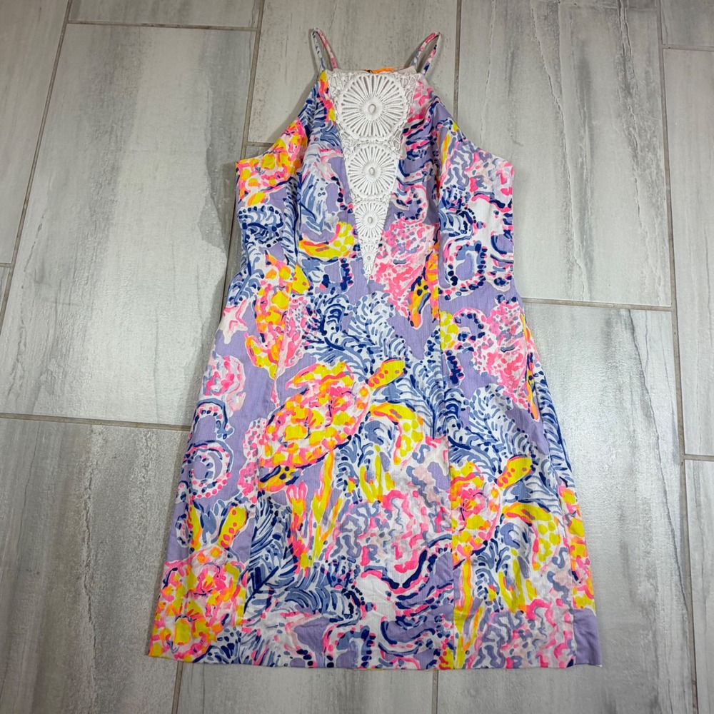 Lilly Pulitzer Sea You Again Turtle Print Halter Shift Dress Crochet Lace 6